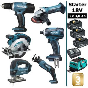 Pack de machines outil - Makita - Starter 6 outils 18V: Perceuse DDF453 + Meuleuse DGA452 + Visseuse à choc DTD146 + Scie sauteuse