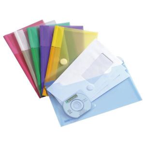 POCHETTE PLASTIQUE 6 Enveloppes FORMAT CHEQUIER à scratch, couleurs assorties (bleu, jaune, vert, rose, violet, transparent) - TARIFOLD