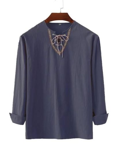 Chemise Homme En Lin à Col V Et Lacets - Style Médiéval Rétro, Manches Courtes, Coton Léger été