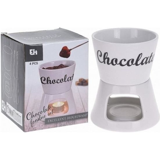 Set Fondue Au Chocolat En Céramique - 1 Caquelon, 6 Assiettes Cœur, 4 Fourchettes - Chauffage Bougie Chauffe-plat
