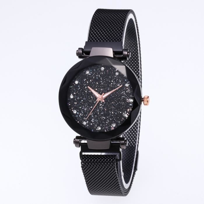 Montre Élégante Bracelet Milanais Couleur Noir Inoxydable Fermeture Aimantée Pour Femme
