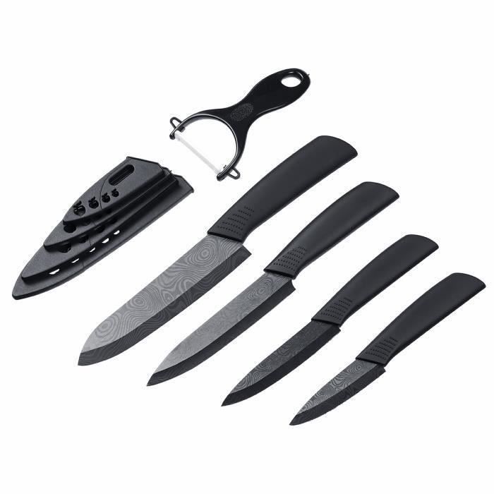 5pcs Set de Couteaux en Céramique avec Couvercle Lame noire Cuisine Coupe Fruits Légumes @JBL