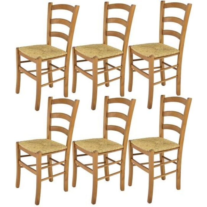 Tommychairs - Set 6 chaises cuisine VENICE, robuste structure en bois de hêtre peindré en couleur chêne et assise en paille