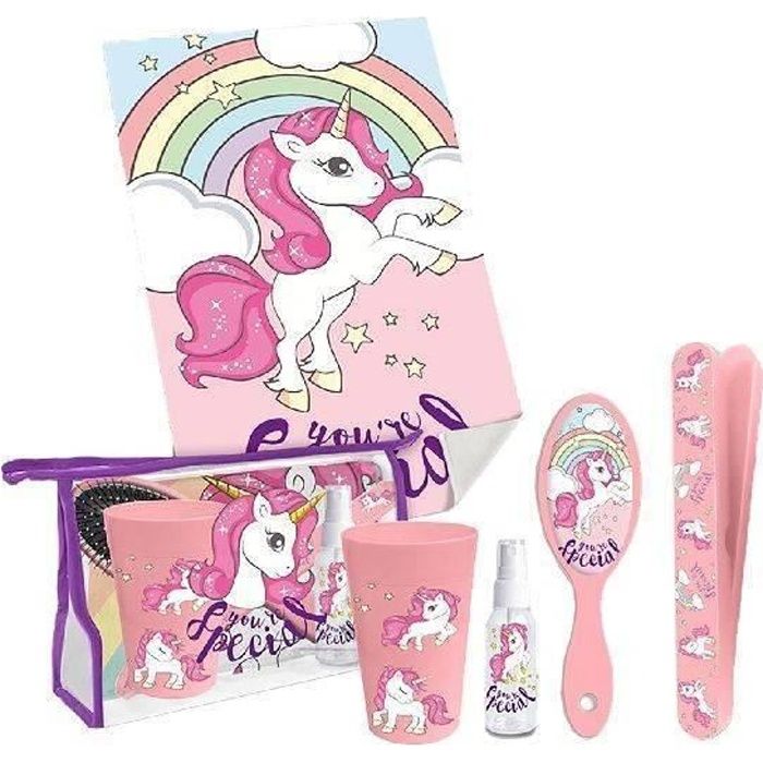 LICORNE SET TOILETTE 6 PIECES-BROSSE À CHEVEUX + POT À BROSSE À DENTS + FLACON + SERVIETTE + ÉTUI BROSSE À DENTS