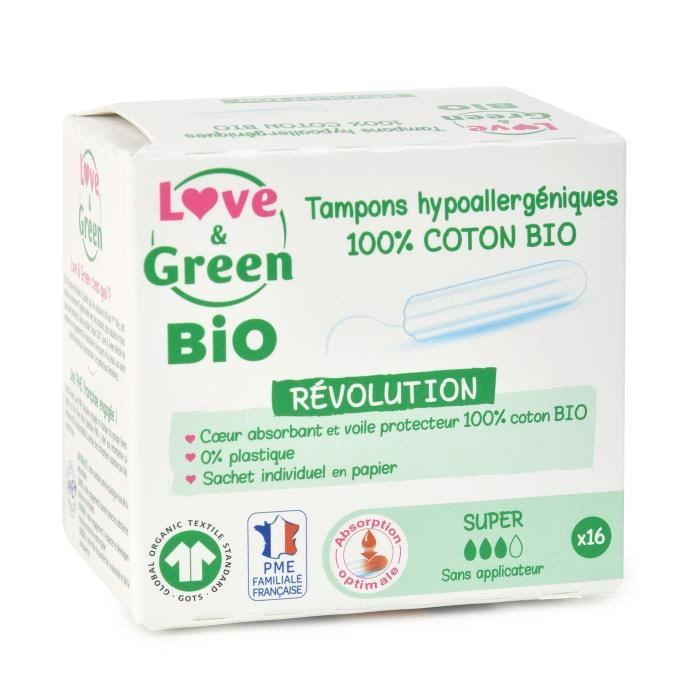 LOVE & GREEN Tampons hypoallergéniques - 100% coton BIO certifiés GOTS - -SUPER- Digital - 16 tampons