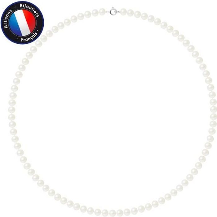 PERLINEA - Collier Perle de Culture d'Eau Douce AAA+ Semi-Ronde 5-6 mm Blanc - Anneau Ressort Argent 925 Millièmes - Bijoux Femme