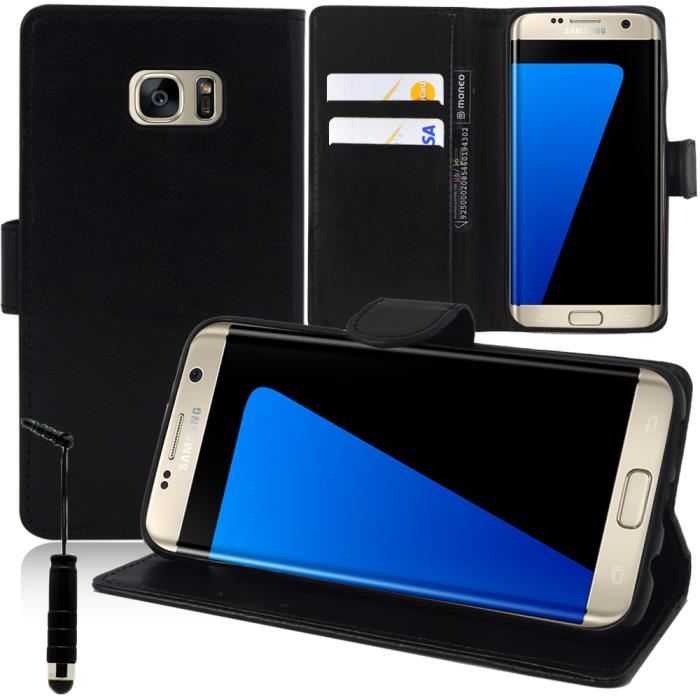 Pour Samsung Galaxy S7 edge G935F: Etui portefeuille Support Video cuir PU + mini Stylet - NOIR