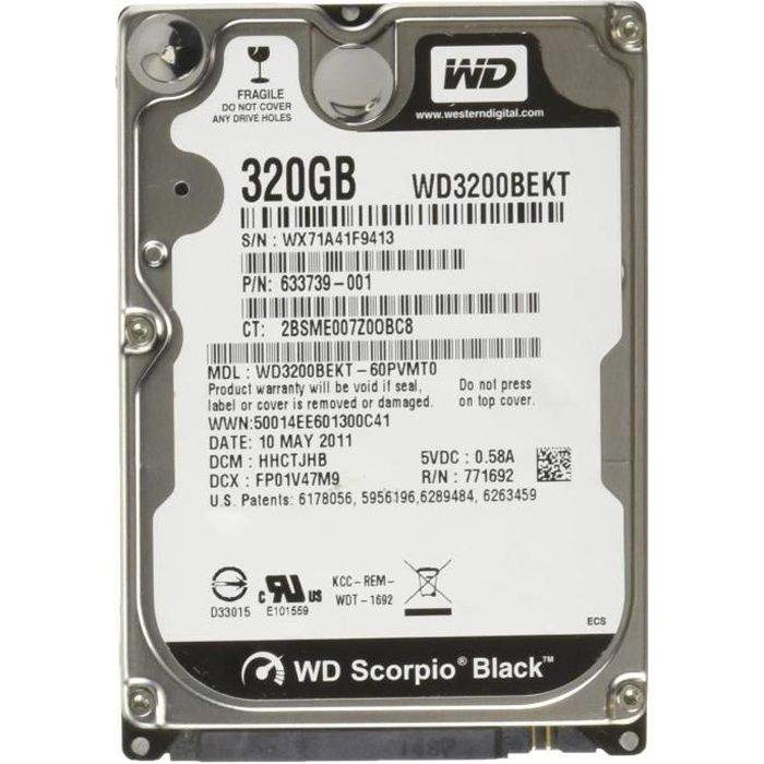 WD Black Mobile WD3200BEKT Disque dur interne 2.5'' SATA II 7200 tours- min Mmoire cache 16Mo 320 Go