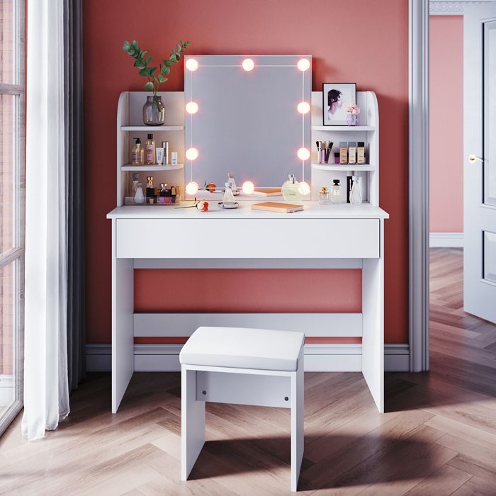 Coiffeuse Avec Miroir LED SIRHONA - 1 Tiroir, 4 Étagères, 108x40x140 Cm, Bois Blanc