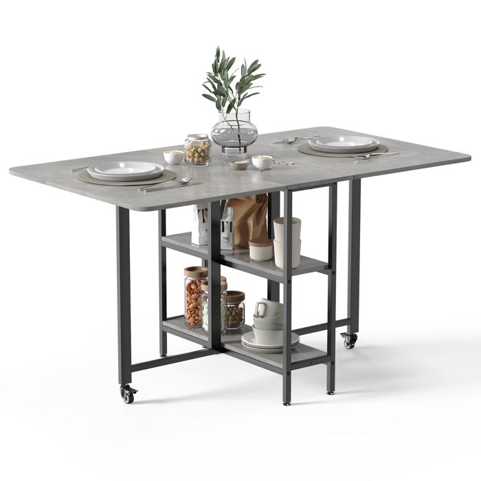 Table à Manger Pliable 4-6 Personnes MONDEER – Avec Tiroir Et Étageres, 120x72 Cm, Blanche/Chêne, Pour Petits Espaces