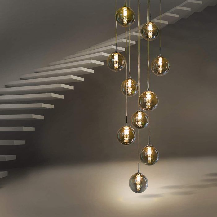 Lampe suspendue - NETTLIFE - 10 lampes - Réglable en hauteur - Verre gris - Diam. 41 cm