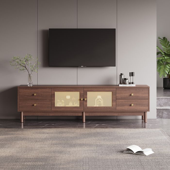 Eco - friendly Material armoire TV en bois sombre de 180cm de long avec deux portes en rotin quatre tiroirs gestion des câbles