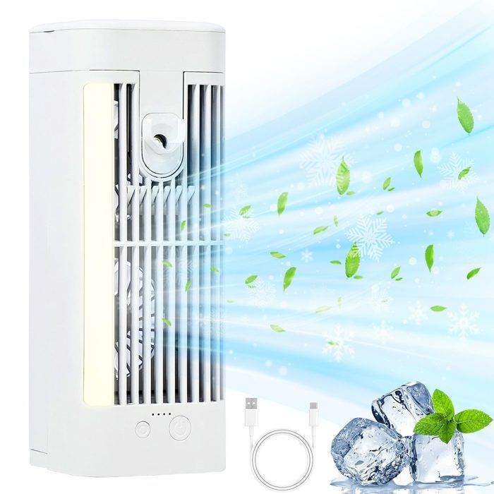 Climatiseur 4 en 1 - AUCUNELY - Mini ventilateur portable - 3 vitesses - Blanc