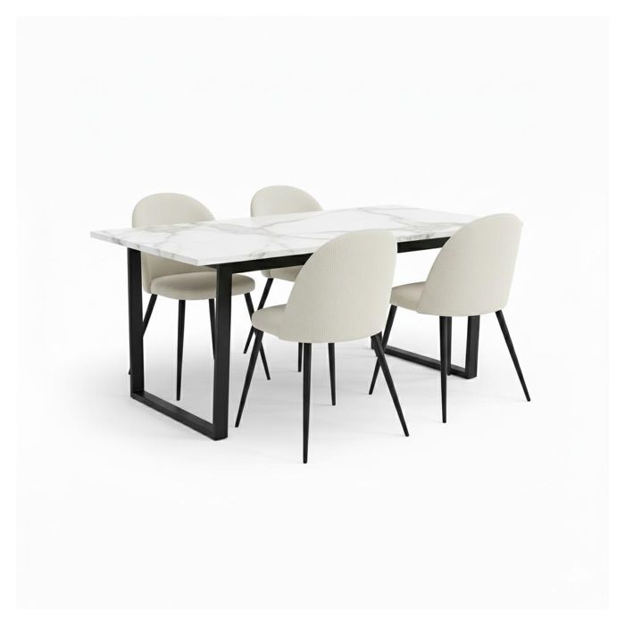 Tilst ensemble pour salle à manger table à manger imprimé marbre blanc et 4 chaises velours beige. Tilst ensemble pour salle à manger table à manger imprimé marbre blanc et 4 chaises velours beige.