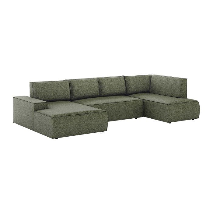 Grand canapé dangle gauche panoramique convertible en tissu texturé vert AMELIA