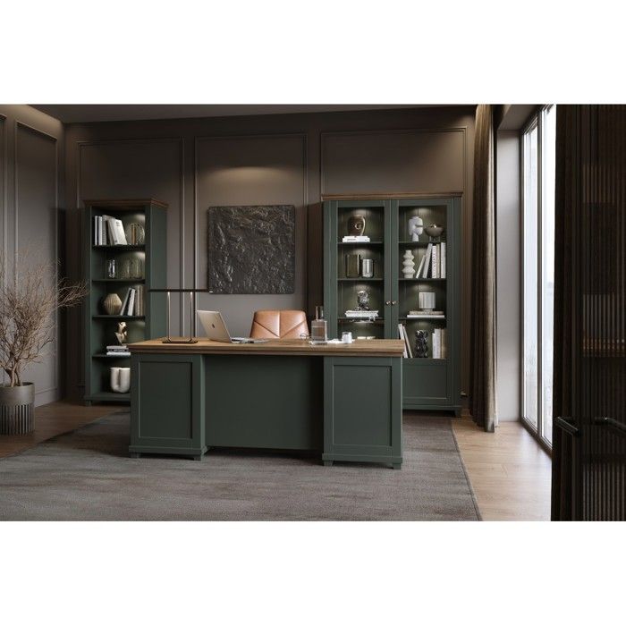 Ensemble bureau ASSIA vert foncé et bois – Bureau 180 cm + bibliothèque + vitrine 2 portes vitrées Ensemble bureau ASSIA vert foncé et bois – Bureau 180 cm + bibliothèque + vitrine 2 portes vitrées