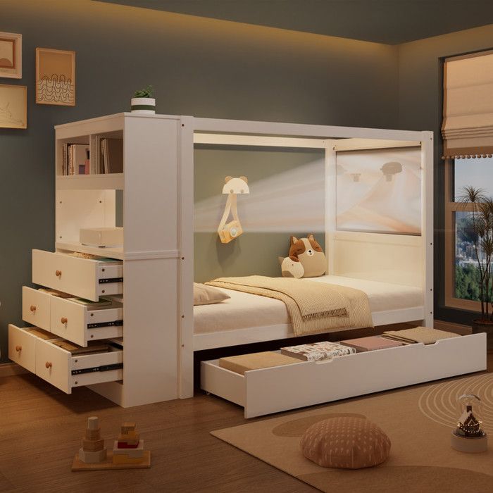 lit a baladaquin 90*200lit enfant simple avec 5 tiroirs et barrière et barreauxlit en bois avec espace de rangementpin+PB Blanc