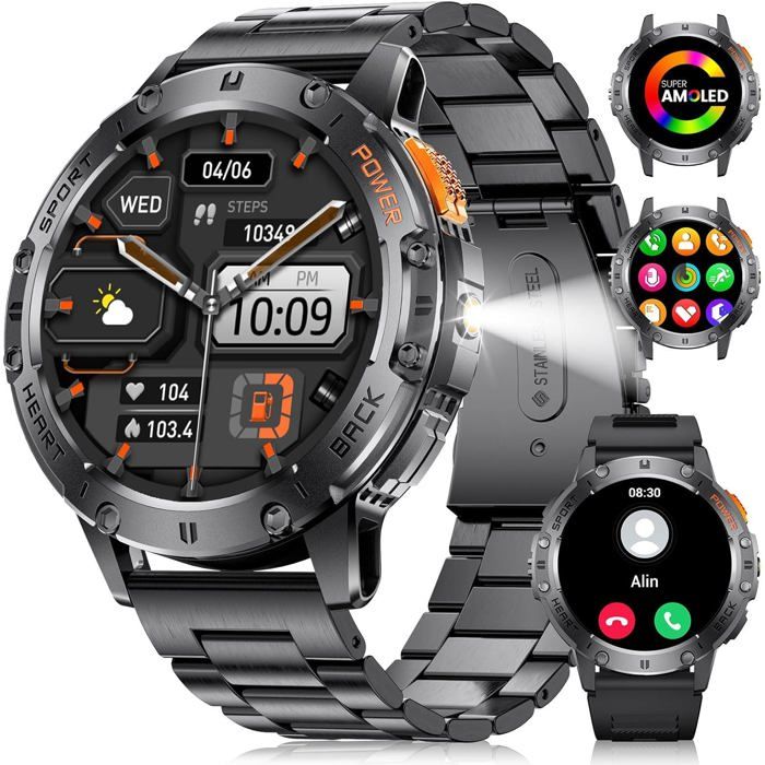 Montre Connectée Homme avec Lampe de Poche LED 1 43″ AMOLED Smartwatch Homme Appel Bluetooth pour Android iOS Noir