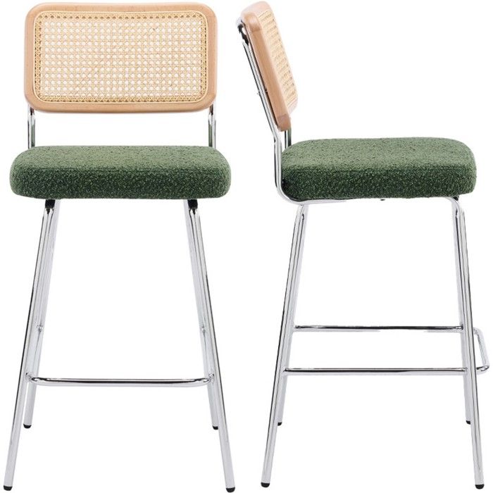 Lot de 2 chaises de bar en cannage et tissu bouclé vert piètement chromé - Muse Lot de 2 chaises de bar en cannage et tissu bouclé vert piètement chromé - Muse