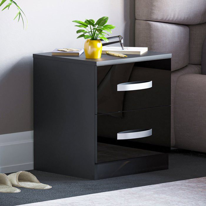 Hulio Table de Chevet 2 Tiroirs Noir Laqué Brillant Meuble de Chambre Moderne 100% FSC