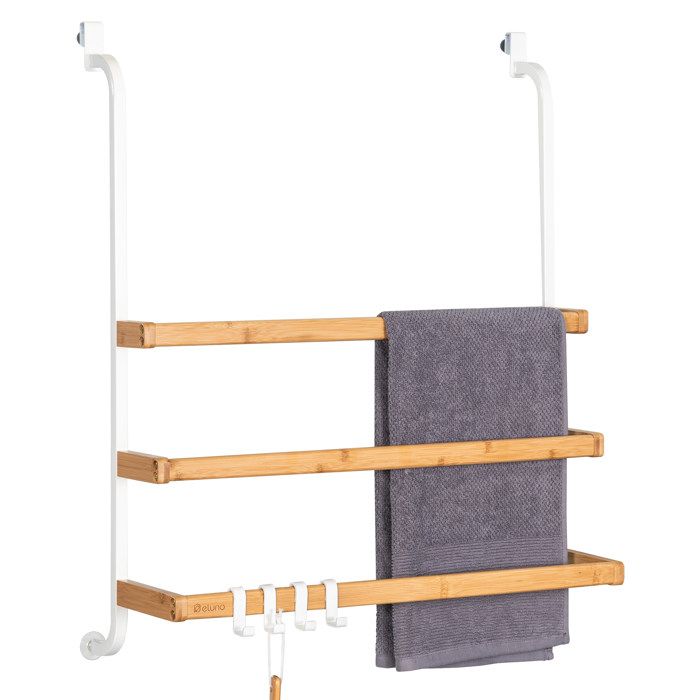 Porte-serviettes eluno pour la paroi de douche en verre avec 3 barres porte-serviettes en métal et bambou blanc