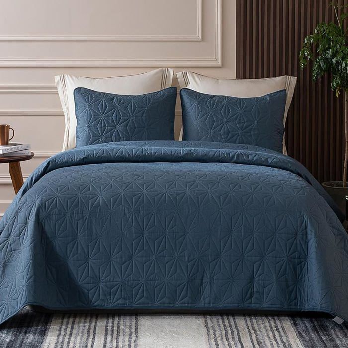 Couvre-Lit 240x260 cm avec 2 Taies oreiller Dessus Lit Gaufré Doux Léger avec 240 x 260 cm#Bleu Marine JETEE DE LIT