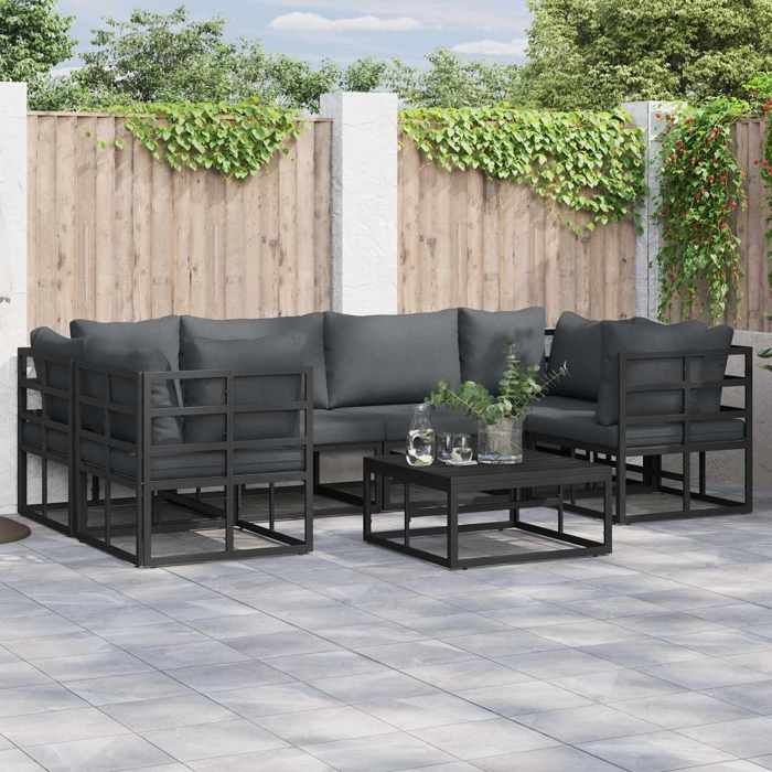 vidaXL Ensemble de canapé de jardin 7 pcs Noir Aluminium Ensemble de salon en aluminium canapé extérieur moderne 3378945