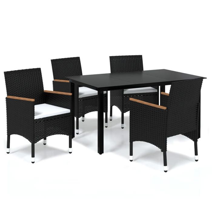 Ensemble à dîner de jardin en poly rotin - BURKE - 5 pièces - Noir - Table 150x90x74 cm - Chaise 55x58x84 cm