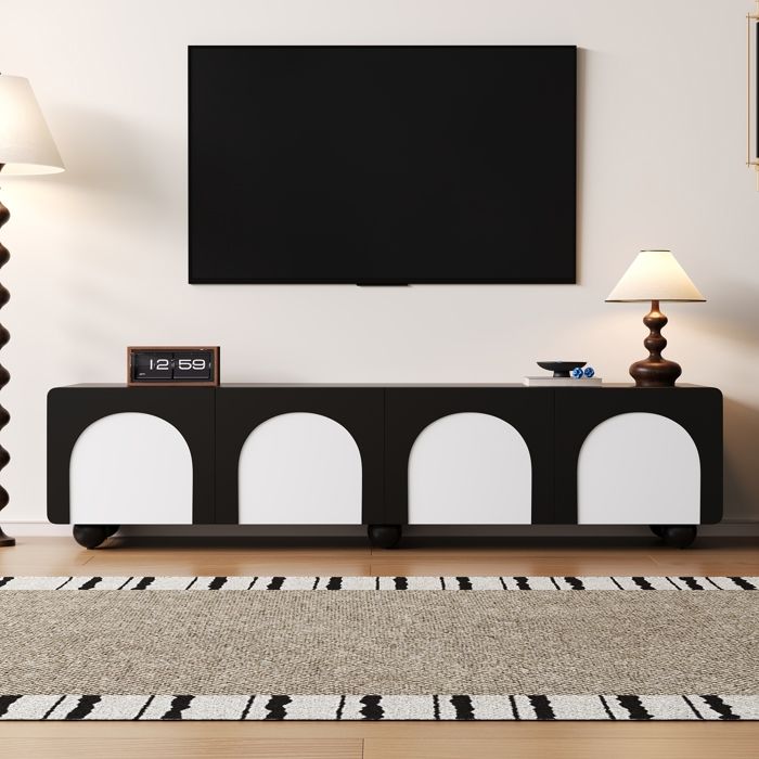 Meuble TV design bas noir et blanc - 2 tiroirs et 2 portes - Style intemporel pour salon moderne Meuble TV design bas noir et blanc - 2 tiroirs et 2 portes - Style intemporel pour salon moderne