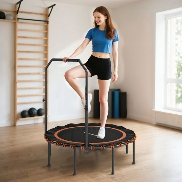 Trampoline de fitness - Avec barres dappui réglables - Utilisation en intérieur/extérieur - Structure en acier - 114 x 114 x 129 cm
