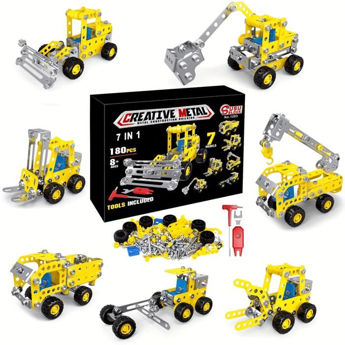 Kit de Construction métallique - Véhicule de Chantier avec 180 pièces 7 modèles de Puzzles métalliques en 3D Cadeaux pour Enfants