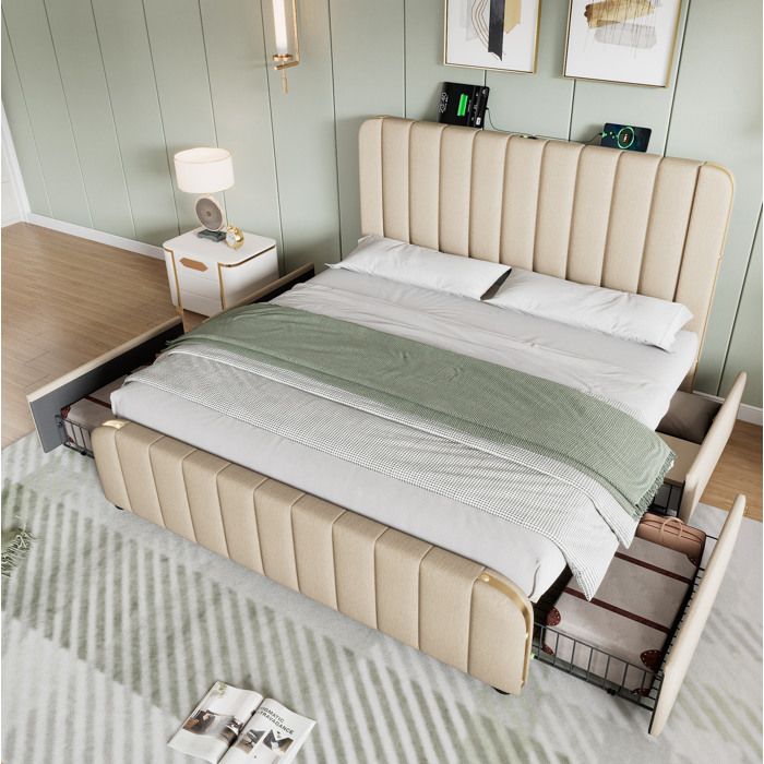 MODENUIT Lit double 180x200 cm avec tête rembourrée sommier à lattes 4 tiroirs garnitures dorées lin beige (Sans matelas)
