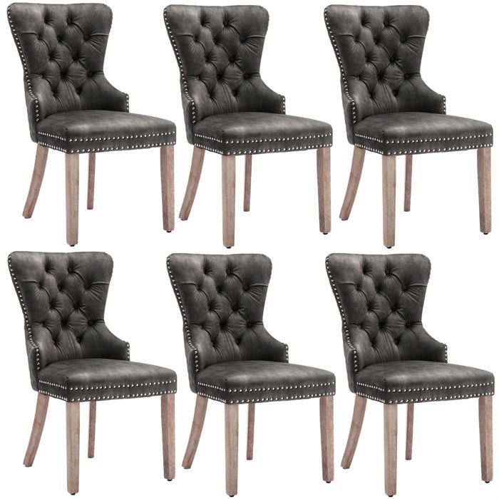 Lot de 6 chaises salle à manger velours gris - Pieds bois massif cloutées réglables H95 cm