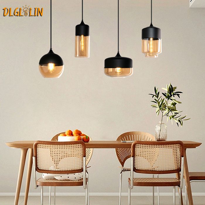 DLGLOLIN Lot de 4 Suspension en Verre Vintage Moderne Lustre Abat-jour en Verre Ambré E27 Luminaire Rétro pour Salle à Manger -Noir