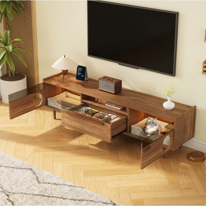 Meuble TV avec LED. 2 portes et 1 tiroir. adapté aux téléviseurs de 60 à 69 pouces. 180×40×50 cm. MDF. marron