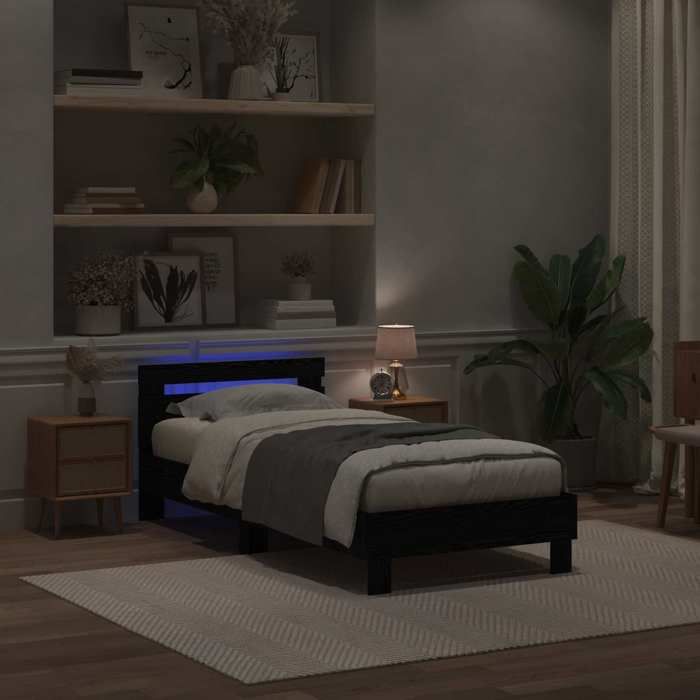 Best 2026Lit 1 places Noir - 90x190 cm - LEMON® - Cadre de lit avec LED Chêne noir 90x190 cm - Bois dingénierie 3663323