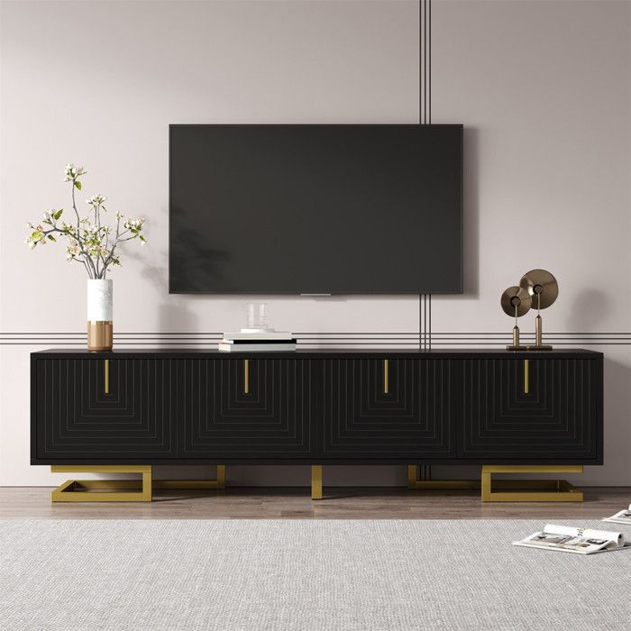Meuble TV 160 cm Meuble TV moderne Lowboard avec portes texturées poignées dorées et pieds dorés porte large avec rangement caché