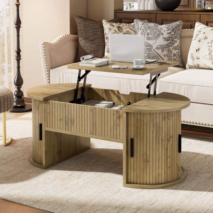Table Basse Relevable Ovale avec Coffre Caché - 100x50x40 5 cm - Porte Coulissante à Lattes - Meuble de Salon Scandinave Chêne