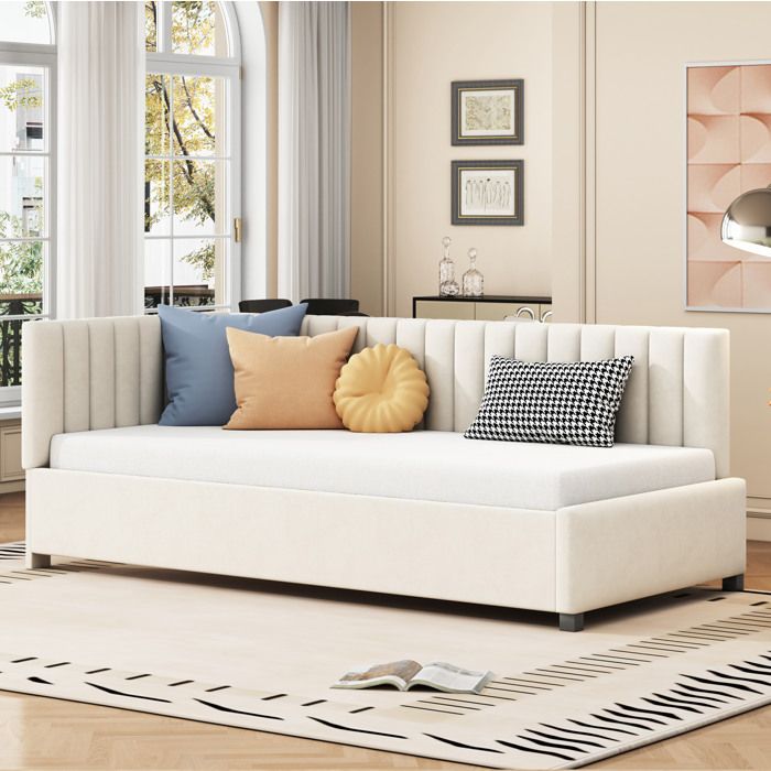 Lit de jour convertible beige 90 × 200 cm en velours avec sommier à lattes