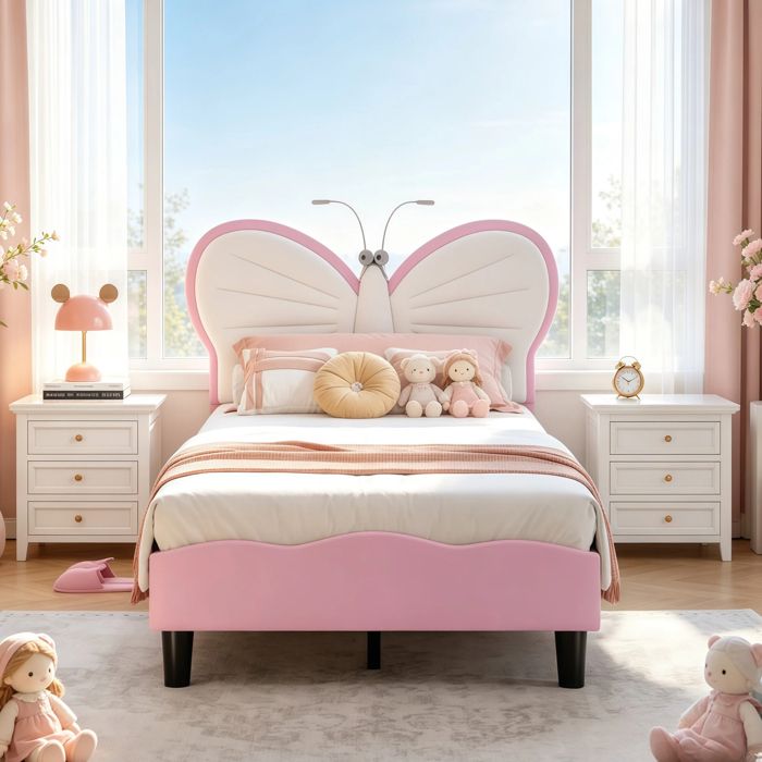 Lit enfant fille 90x200cm avec lampe de lecture Lit simple enfant avec sommier Tête de lit papillon réglable en hauteur rose