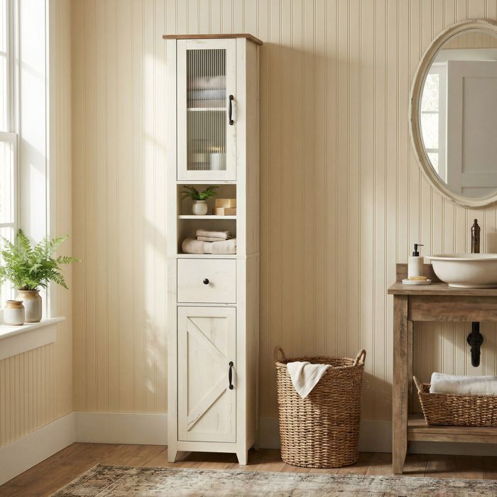 Meuble bas de salle de bain Style Maison de Campagne Étroite Meuble de Salle de Bain Blanc et Marron