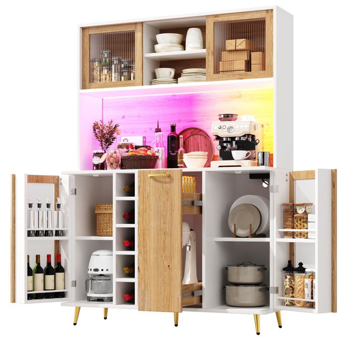 Buffet haut - HIBA - Buffet haut Cuisine 120×40×170 cm - Éclairage LED - 5 portes & tiroir central - Étagères réglables