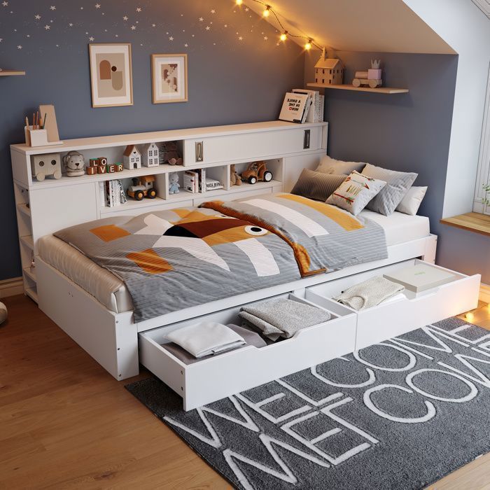 Lit banquette enfant 90x190 cm avec 2 tiroirs étagères et rangement latéral sommier à lattes MDF blanc
