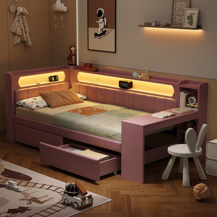 Lit banquette rembourré - KOMHTOM - KOMHTOM - 90x200 cm - 2 tiroirs - LED 7 couleurs & ports USB Lit banquette rembourré - KOMHTOM - KOMHTOM - 90x200 cm - 2 tiroirs - LED 7 couleurs & ports USB