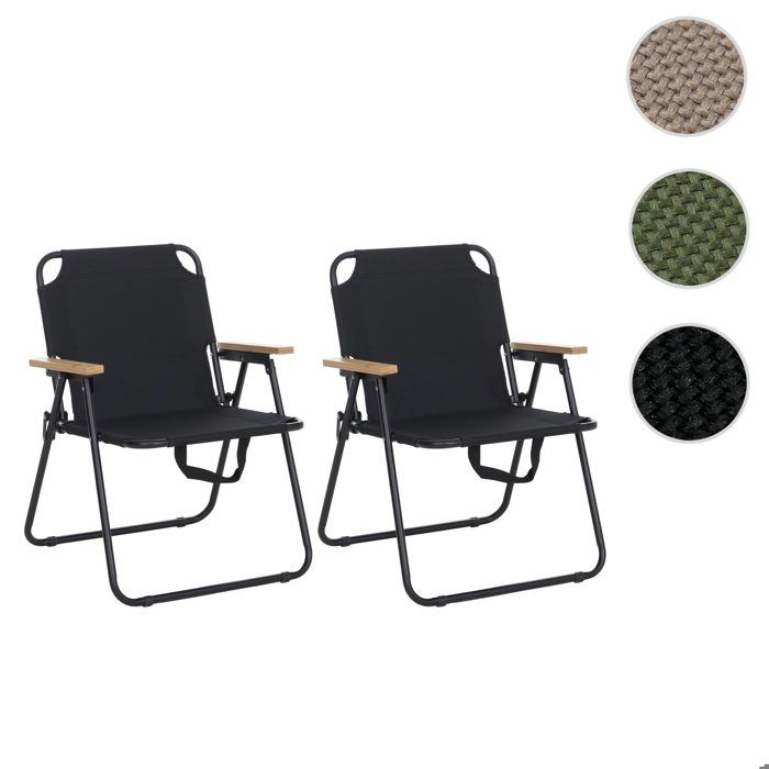 Lot de 2 chaises de camping HWC-Q43 chaises de jardin de balcon ou de loisirs pliables en bambou métal et tissu ~ noir
