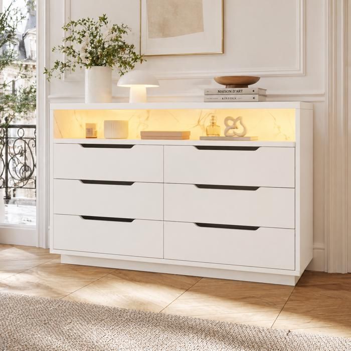 Commode moderne 120x40x85 cm avec 6 tiroirs éclairage LED rangement effet marbre pour salon et chambre blanc