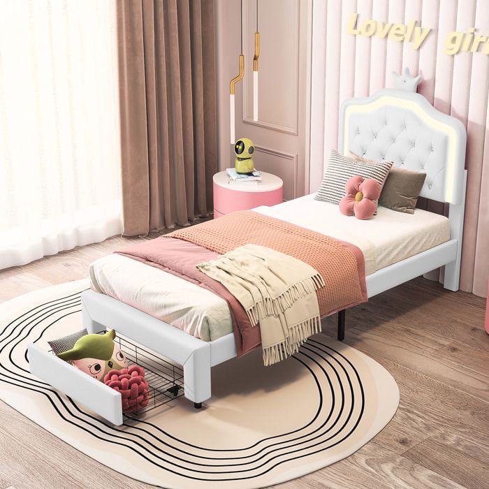 Lit Enfant 90x200 cm - Lit Couronne Princesse avec 1 Tiroirs - Tête LED Adjustable - Sommier Lattes - Blanc