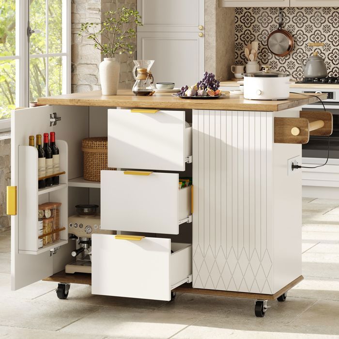 Îlot de cuisine mobile avec plan de travail rabattable et prises électriques buffet à 3 tiroirs style moderne et élégant blanc