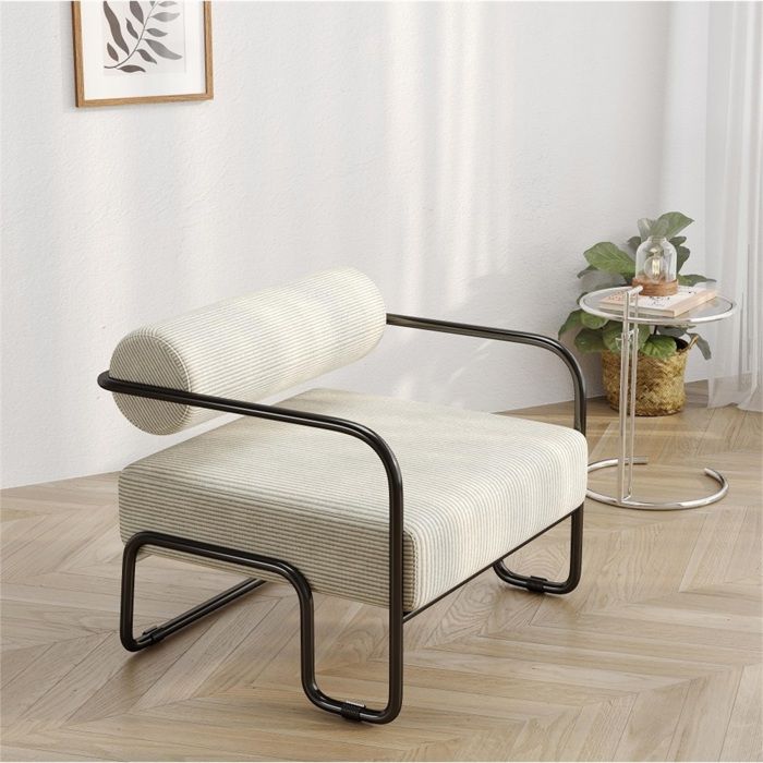Fauteuil lounge velours côtelé beige structure métal noir design moderne minimaliste salon chambre bureau 68.5x73x70.5cm
