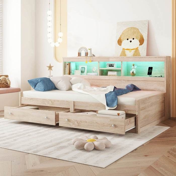Canapé-lit enfants 90 x 200 cm table de chevet avec LED et Stockage ouvert 2 ports USB et deux tiroirs de rangement Naturel